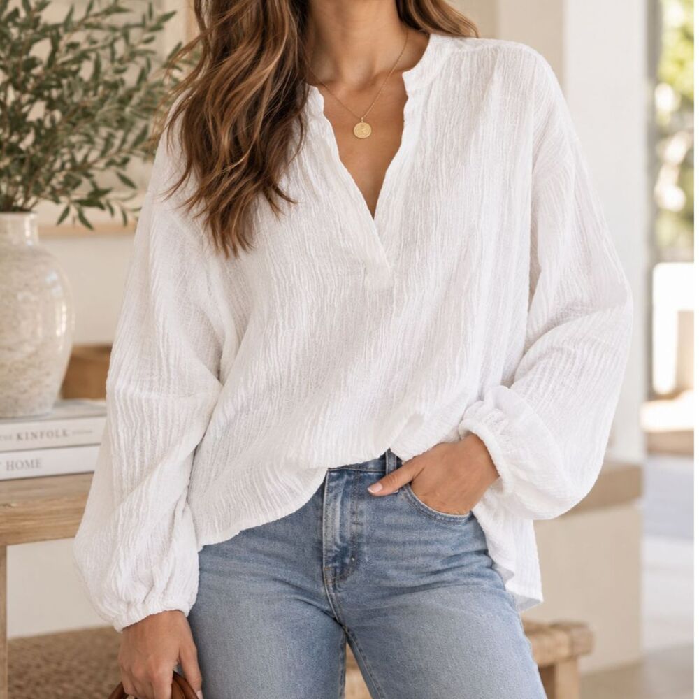 J.Crew Cara Top White Linen Cotton Gauze Blouse S Oversized Coastal Quiet Luxury